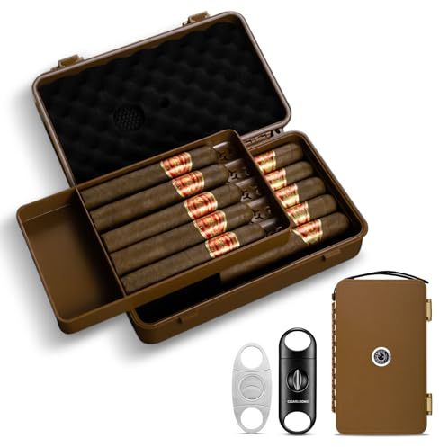 Tragbare zigarren humidor,humidor zigarren set mit Zigarrenschneider, Hygrometer und Befeuchter, Reise Zigarrenetui Röhre für 10 Zigarren, Portable Tragbarer Behälter Humidorhalter (Braun)