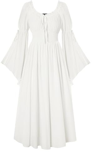 Scarlet Darkness dam renässans klänning medeltida bondeklänning axellös långa klockärmar klänningar, Vit, XL