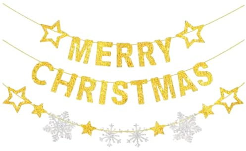 Cartel de Feliz Navidad, juego de guirnalda colgante de estrella dorada con copo de nieve plateado, banderines de Feliz Navidad, decoración de fiesta, telón de fondo colgante, banderines de Navidad al