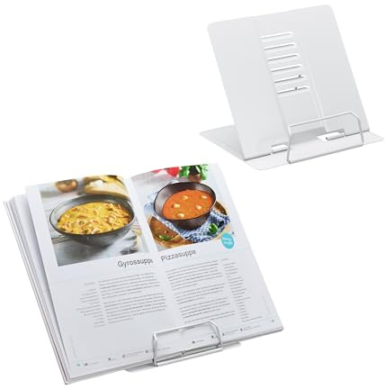 Relaxdays Buchständer, 2er Set, Leseständer 6-fach höhenverstellbar, weiß | Kochbuchhalter mit Klemme, Küche, Stahl