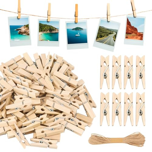 150 mini mollette in legno, 3,5 cm, con corda di iuta da 10 m, piccole mollette per appendere foto, cartoline, vestiti, decorazioni fai da te