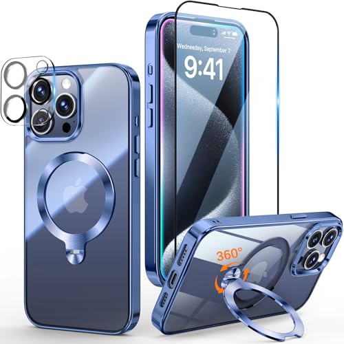 Yoouther 3 in 1 Cover Magnetica per iPhone 15 Pro Max 6.7 [360° CD Supporto Girevole per MagSafe] [Con Pellicola Vetro Temperato & Vetro Fotocamera] [Non Ingiallisce Mai] Protezione Antiurto, Blu