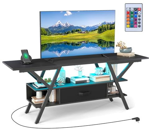 KOMFOTTEU Mueble de TV con Luces LED Coloridos Ajustables, Soporte para Televisor de 65 Pulgadas con Estación de Carga, Mesa Consola de 3 Niveles con Cajón y Estantes Abiertos (Negro)