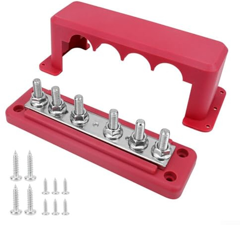 Morsettiera da 300 A, scheda di distribuzione a 6 montanti, morsettiera da 300 A, 48 V, in rame, resistente alle intemperie, connessione elettrica per camper, auto marine (rosso)