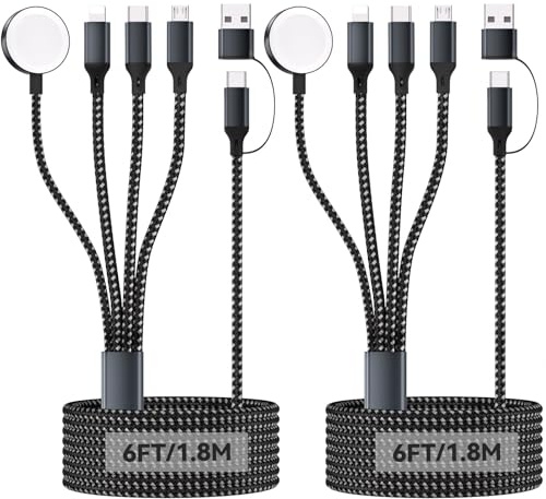 2Pack 4 in 2 Multi Fast Charger for A pple Watch, 1.8M/6FT USB A/C to iOS Port/Type C/Micro USB/iWatch Nylon-Braided Charging Cable Compatible for iWatch Ultra/SE/1-11/iPhone/iPad/AirPods/Galaxy