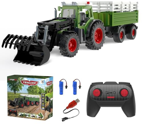 kolegend Remote Control Tractor with RC Dump Trailer & Front Loader, Kids RC Tractor Toy 2.4Ghz Remote for Driving and Dumping, 8 Wide Wheels &Lights, Farm Toy for Kids Ages 3+