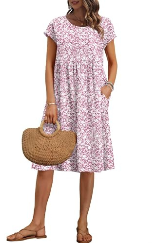 AUSELILY Robe Femme d'été Mi-Longue à Manches Courtes Robes aux Genoux Ample Décontractée Style Empire avec Poches