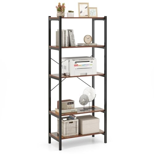 Rustikales Bücherregal mit 5 Ebenen, Holzleiter-Aufbewahrungseinheit mit X-förmiger Unterstützung, freistehender Metallrahmen, Ausstellungsregal für Bücher und Pflanzen (66 x 34 x 160 cm)