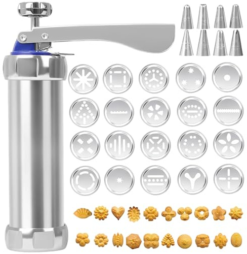 TELAOBAN Presse à Pâtisserie en Acier Inoxydable, avec 20 Gabarits et 8 Douilles, Pistolet à Patisserie, Presse à Biscuits, Presse à Biscuit pour décorer, Machine à Churros, pour Gâteaux Dessert