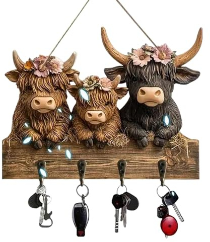 2D Highland Cow Ornaments Key Holder, Highland Cattle Ornaments, Bullhead Animal Wooden Towel Key Hooks Coat Hanger with 4 Hooks, Decorative Rack for Entryway Hallway Highland Cow Lovers Gifts (1pcs)