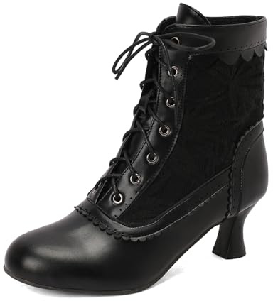 Generisch Botines vintage de estilo victoriano para mujer, estilo vintage de los años 70, botas de tacón medio con cordones, botines renacentistas, botines de otoño/invierno, Negro , 39 EU