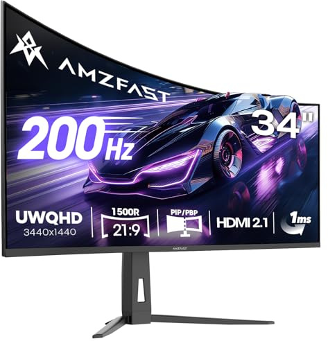 Amzfast 34 Inch Curved Monitor 200Hz UWQHD (3440x1440) Gaming Monitor, 1ms G-SYNC Compatible, 1500R, PIP/PBP, HDR, 131% sRGB, Tilt/Swivel/Height Adjustable,TÜV Rheinland, HDMI 2.1 x 2 & DP 1.4 x 1