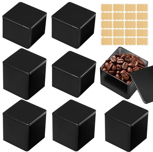 8 Stück Klassische Eckige Teedose, 8,5x8,5cm Teedosen für Losen Tee Behälter mit Inkl 20 Etiketten Aromadicht aus Metall Tee Vorratsdosen für Kaffeebohnen Gewürze Mehl Reis (Hoch 8,6cm und 6,5cm)