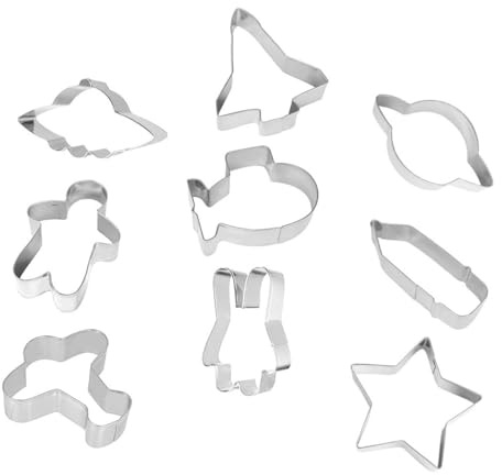 Sewroro Lot de 9 Moules à Biscuits en Acier Inoxydable Moule de Cuisson Créatif Thème de L'Univers Taille Compacte pour Pâtisserie DIY et Décoration de Biscuits Étoiles et Vaisseaux