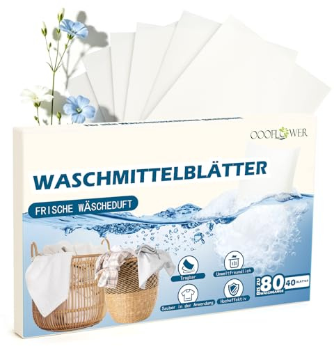 OOOFLOWER Waschmittel Blätter 40 Blatt Waschblätter für 80 Waschgänge, plastikfrei, biologisch abbaubar, platzsparend, reisefreundlich, reisewaschmittel handwäsche, waschblätter für die waschmaschine