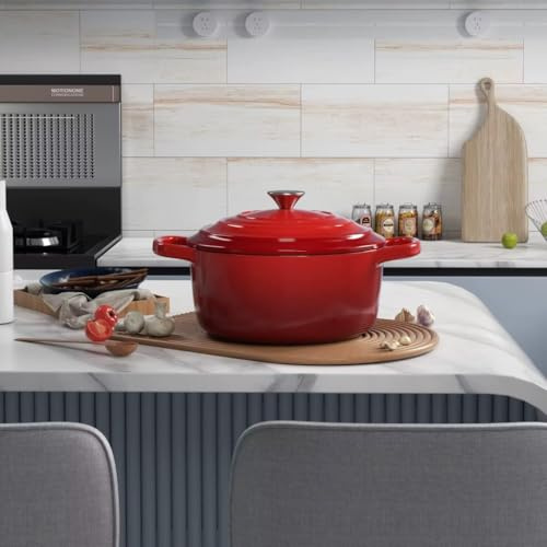 7L Emoré Cast Iron Dutch Oven with Lid, 7.5 Quartz – Large Enamelled Casserole Dish – Non-Stick, Oven Safe to 260°C, Induction & Stovetop Compatible – Heavy-Duty Cast Iron Cookware – Wine (Red, 7L)