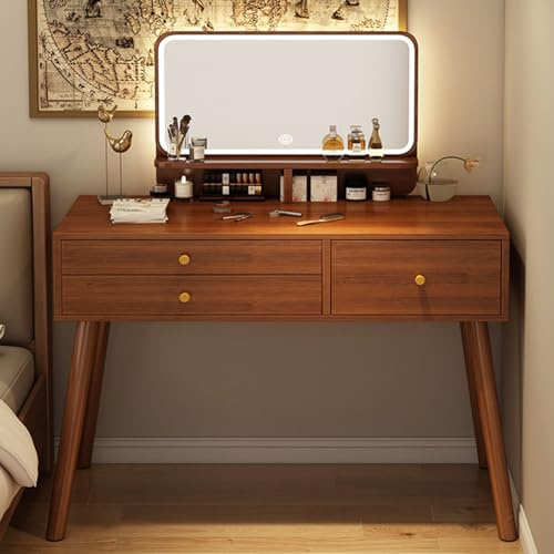 PLPLKTNNKK Tavolo trucco con specchio e luci,postazione make up con 3 Cassetti,Colore Legno di Noce toeletta trucco,Moderno Minimalista scrivania trucco per Camera da Letto 100 * 40 * 135CM