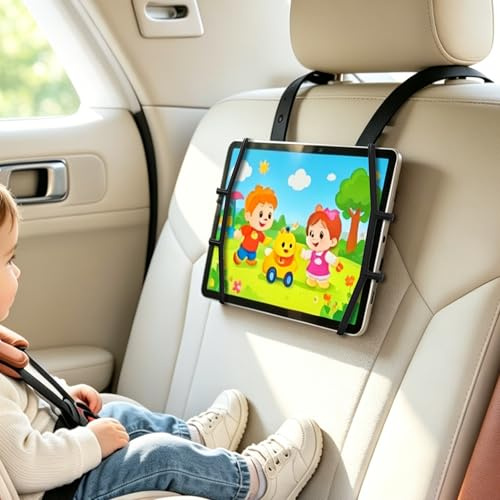 ELETIUO Silicone Car Tablet Holder,13.4 Adjustable Headrest Strap Mount Fits All 7.5-12.9 Tablets,Anti-Slip&Non-Glare Design,Back Seat Car Headrest Mount for iPad/Kindle, Washable Portable