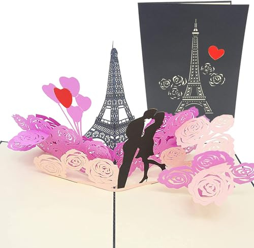 PopLife Romantischer Eiffelturm 3D Popup-Jubiläumskarte - Paar in Paris, Karte für die Freundin, Frankreich Flitterwochen-Geschenk, Geburtstagskarte - Flach gefaltet für Mailing - Stadt der Lichter