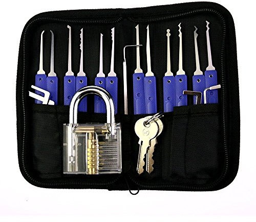 Juego de ganzúas profesionales de 17 piezas + 1 candado transparente con grillete de plástico para entrenamiento de cerrajero, herramientas de mano