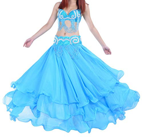 Femme Couleur Unie Jupe Longue Danse du Ventre,Trois Couches Chiffon Jupe De Curling Grande Swing Jupe Lac Bleu/Pas de Ceinture Taille:70-90CM