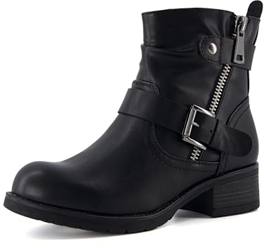 Dunes Max Motorcycle Womens Ankle Boots – Comfortable Booties for Women with Zipper & Buckle, Combat Boots Style, Memory Foam, Wide Width Options BLACK 6.5