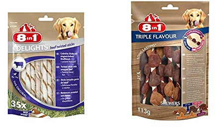 8in1 Delights Beef Twisted Sticks, gesunder Kausnack für Sensible Hunde, 35 Stück (190 g) & Triple Flavour Skewers Kausnack 6 Stück umwickelt mit Hähnchenfilet, 1-er Pack (113 g)