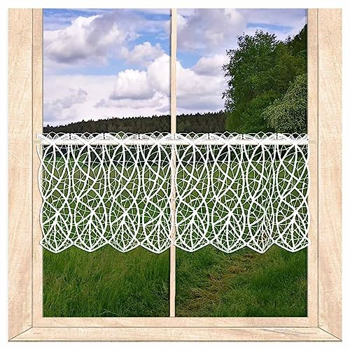 Scheibengardine Cloe aus weißer Luftspitze HxB 27x96 cm | Moderner Kurzstore mit fantasievollem Wellenmuster aus Vogtländischer Spitze | atelier alles-Spitze