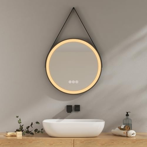 EMKE Runder Badspiegel mit Beleuchtung 50cm, Antibeschlag | Wandspiegel mit 3 Lichtfarbe dimmbar, Speicherfunktion,Touch-Schalter,3 Stunden automatische Abschaltung, Spiegel rund