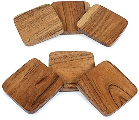 Lavaux Designs Acacia Wood Handcrafted Set of 6 Square Coasters for Home and Office Decor, Heat Resistant Protects Furniture Coffee Mug Coasters, Drinks Coaster,Cup Coaster | 10x10 cms