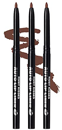 Ruby Kisses Auto Lip Liner Pencil (Brown 3 Pack), Long Lasting & Non-Fading, Smooth Application, Non-Feathering with Rich Pigmented Color, No Sharpener Needed, Ideal for Full Lips Look