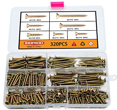 Indprod M3.5 Flat Head Wood Screws Assortment Kit 320 Pcs,Phillips Drive Countersunk Flat Head Self-Tapping Wood Screws,Yellow Zinc Plated Finish Screw Kit,Self Tapping Drywall Screws for Metal