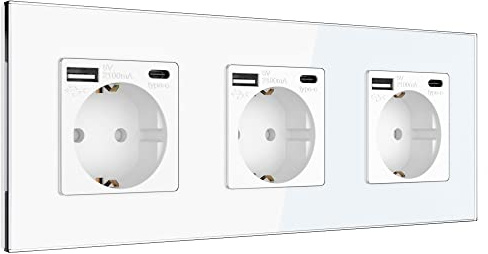 PULSAR Steckdose mit 3x USB-C und 3x USB-A Schnell-Ladegerät, Schuko 3 Fach 16A Unterputz, Intelligente Erkennung Wandsteckdose Doppelsteckdose Quick Charge für Büro Zuhause