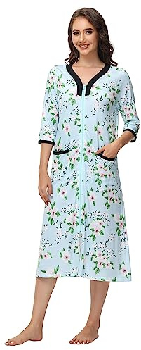 Verve Jelly Batas con Cremallera para Mujer Manga 3/4 Estampado Floral Bata Ligera Batas de Casa con Bolsillos Ropa de Estar por Casa para Señoras, Verde 2, XXL