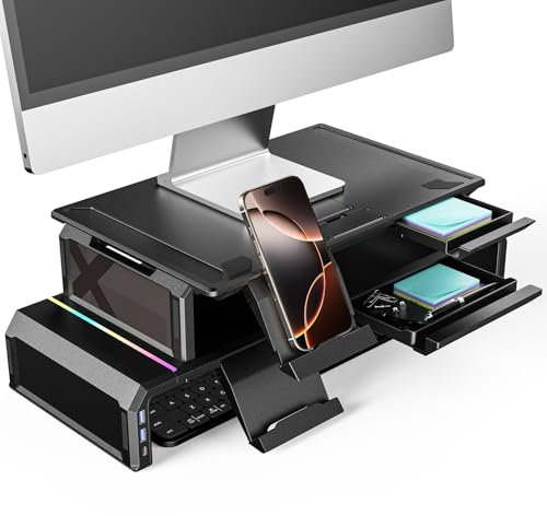 Dual Monitorständer für PC Computer Laptop Printer, X-Central Faltbar Monitor Riser für 2 Monitore, Desktop-Organizer mit Schublade, USB 3.0 Hub für Datentransfer und Aufladen, RGB Licht, Tastatur