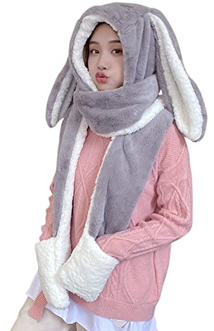 TCNGKIJIUK Wintermütze Damen Mädchen Schalmütze mit Hasenohren Kunstfellmütze Flauschig Warm Plüschmütze Schalhut Handschuhe Thermo Mütze Winterschal Niedlich Winterhut für Fahrrad Motorrad Wandern