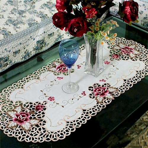 RANRAO Weiße ovale Spitzen-Tischdecke, Blumendeckchen, bestickt, kleine Tischdecke, bestickte Tischdecke, Heimdekoration für Hochzeit, Restaurant, Party, Bankett