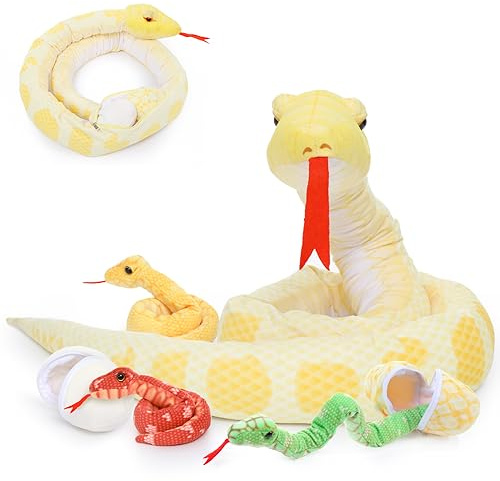 MorisMos Groß riesen Plüsch-Schlange Kuscheltier XXL,200cm lang Gelb Kuschelschlange mit 3 Baby im Bauch, riesen Kobra Plüschtier als Geschenk für Kinder