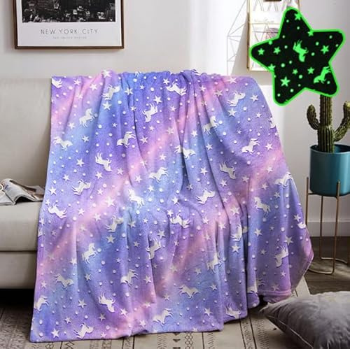 HZVRTN Manta de unicornio, manta suave y cálida para niños, brilla en la oscuridad, regalo de unicornio, color rosa, manta mullida (130 x 150 cm, unicornio E)