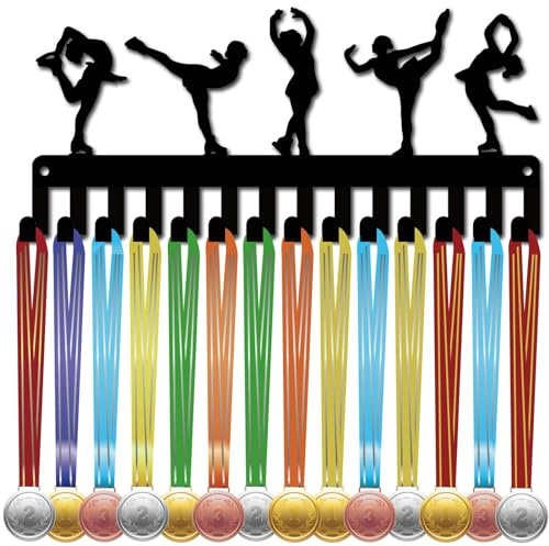 CREATCABIN Figure Skating Medals Holders Medal Display Hanger Small Rack Organizer Metal Ribbon Shelf Stand Frame Decor Wall Mounted Hanging with 14 Hooks for Athlete Sporter Black 11.4 x 5Inch