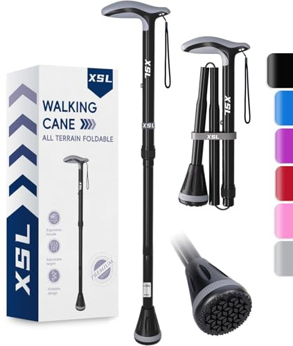 XSL Walking Cane - Foldable, Adjustable, Collapsible Walking Canes for Men & Women, Heavy Duty All Terrain Tip, with Travel Bag | Portable Walking Sticks for Seniors & Adults (Black)
