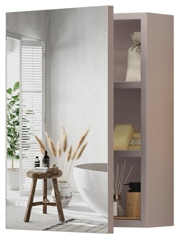 Ereousa Spiegelschrank Bad, 56x13x41cm Spiegelschränke fürs Bad, Badezimmer Spiegelschrank met Spiegel und Ablage, Hellbeige