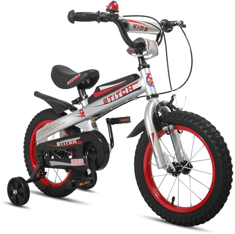 HILAND 14 Zoll Kinderfahrrad mit Stützrädern Klingeln Handbremse für Jungen Kinder Fahrrad Silber