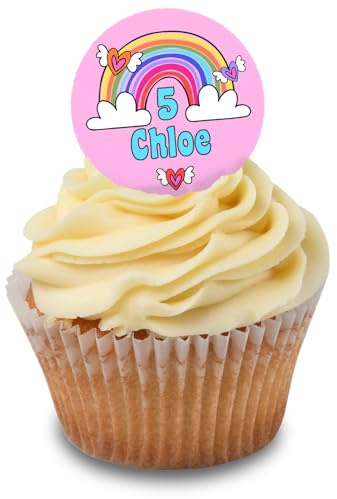 Cakeshop Cupcake Personalised Edible Cake Toppers With Pink Background & Rainbow | Personalise With Your Custom Name & Age | For Birthdays & Celebrations | Icing & Wafer Paper Options