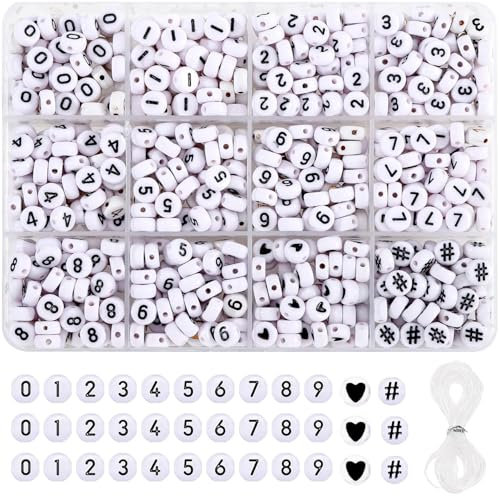700Pcs Acryl Zahl Perlen in 12 Grid Box Weiß Runde Buchstaben Perlen 0 Bis 9 Lose Perlen Oder Name Armbänder Halsketten Schlüsselketten DIY Schmuck Machen