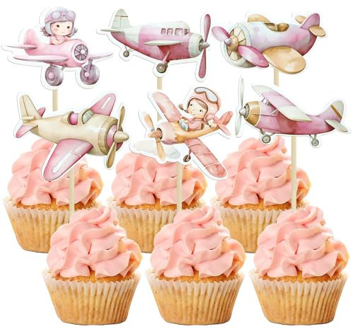 Gyufise 36Pcs Airplane Cupcake Toppers Pilot Aviation Plane Cupcake Picks Airplane Plane Cupcake Decoration for Plane Theme Baby Shower Kids Girls Birthday Party Cake Decorations Supplies Pink