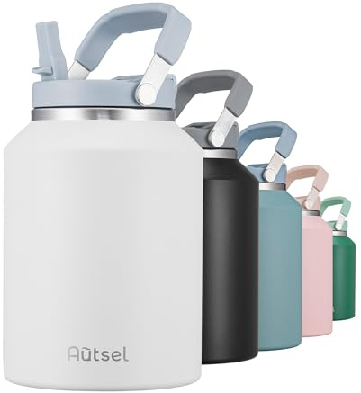 Autsel 2l Edelstahl Wasserflasche mit Griff, 2000ml Edelstahl Trinkflasche Isoliert Sportflasche auslaufsicher Metall halten Getränke heiß kalt für Camping Fitness | mit Griff, Auslaufsicher, Halten Getränke heiß kalt, für Camping Fitness
