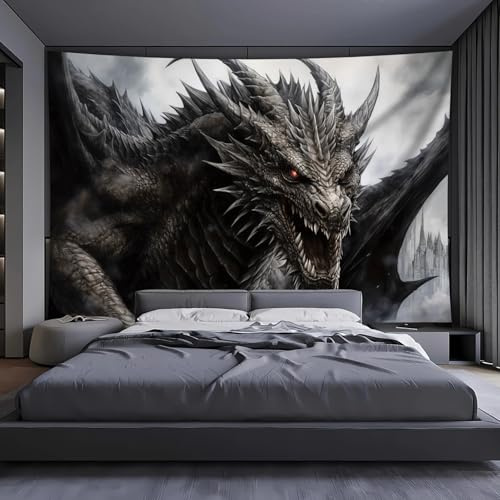 Arsey Wandteppich Drachen mit Feurigen Augen, Fantasy Gothic Tier Wandteppiche Aesthetic Spirituell Tapestry Wandtuch für Schlafzimmer Wohnzimmer BüRo Party, Grau-Schwarz 200x150cm