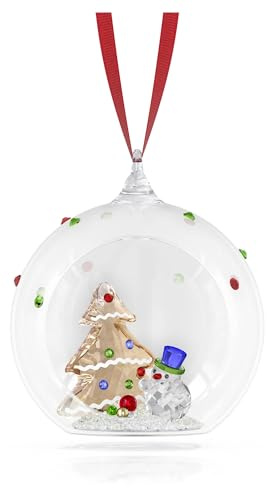 Swarovski Holiday Cheers Tree and Snowman Ball Ornament, Christmas Motif with Multicoloured Faceted Crystal & Red Grosgrain Ribbon, Part of the Swarovski Holiday Cheers Collection