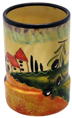 Cleminson Hand-Painted Ceramic Utensil Pot | Tuscany or Picasso Theme | Made in Spain | Utensil Holder, Kitchen Decor Storage Organiser Jar for Spoons, Cutlery, Brushes (Tuscan Farmhouse Black Theme)